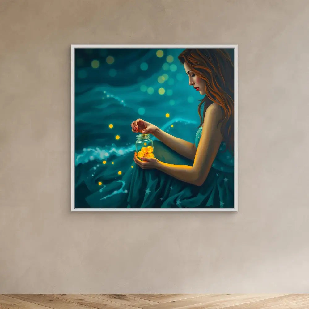 A framed artwork showing someone holding a glowing jar with fireflies.