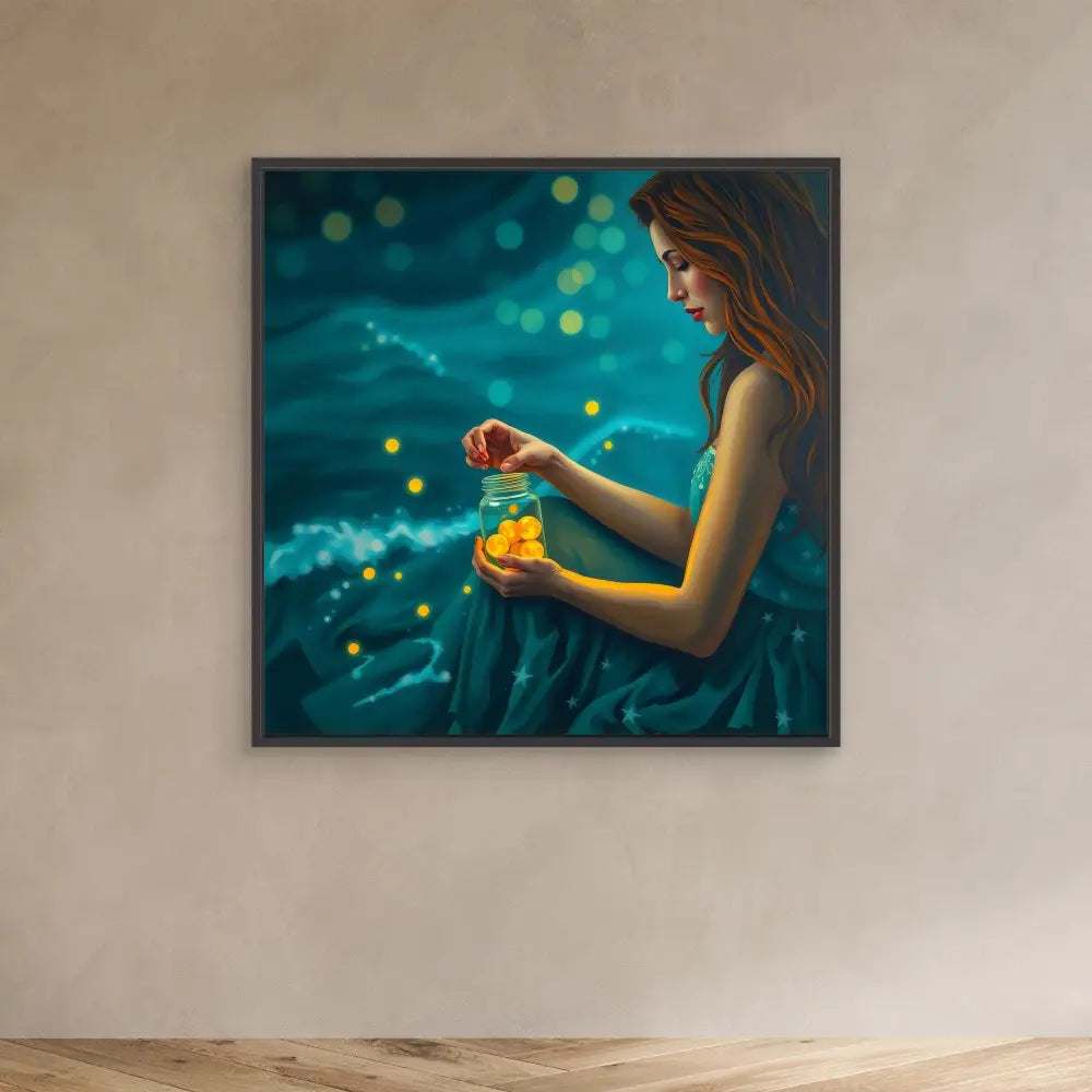 A framed artwork showing someone holding a glowing jar with fireflies.