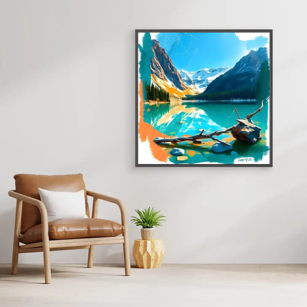 Framed artwork of Lake Louise in Banff National Park featuring turquoise waters, mountain peaks, and driftwood.