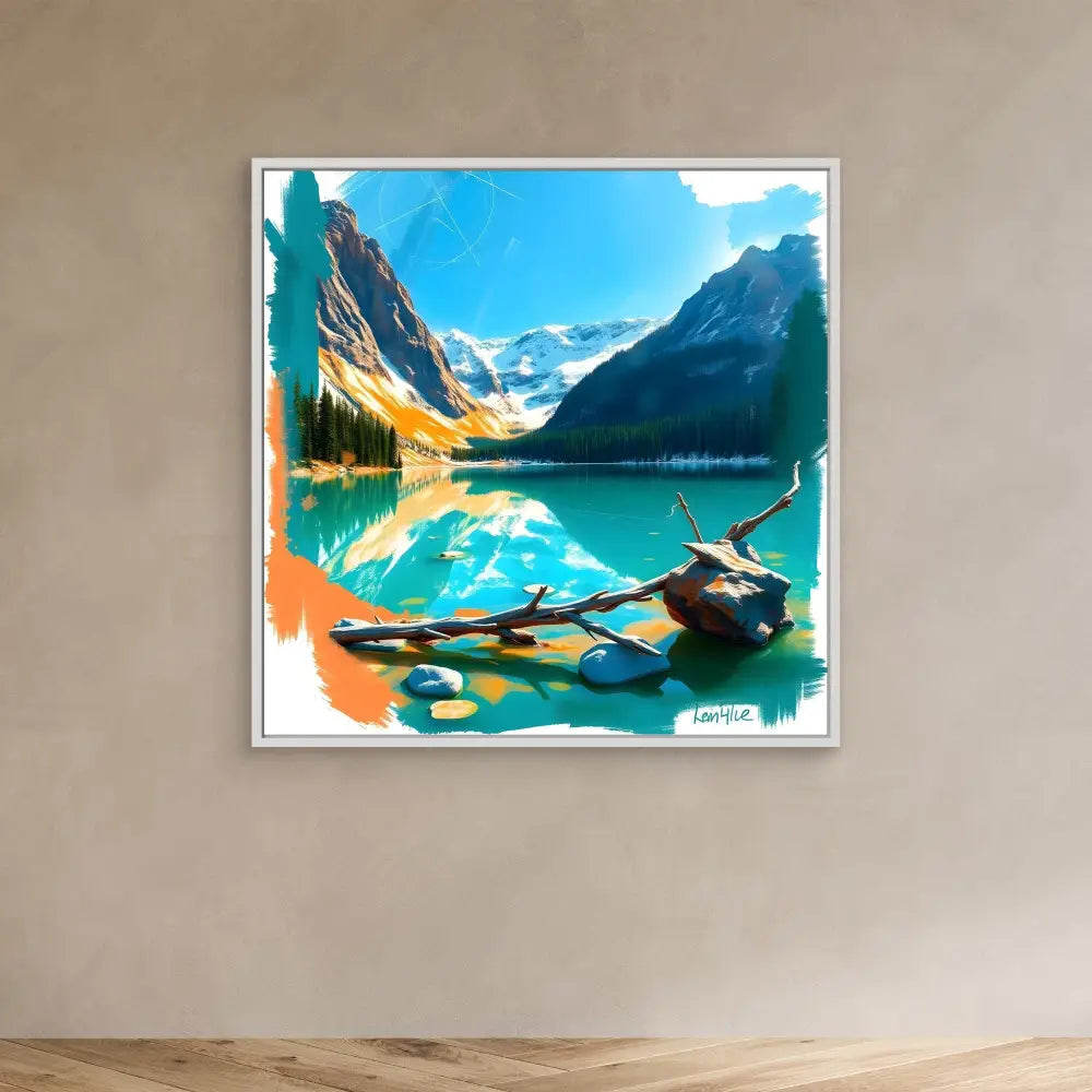 Framed artwork depicting Lake Louise in Banff National Park with its turquoise waters and mountain reflections.