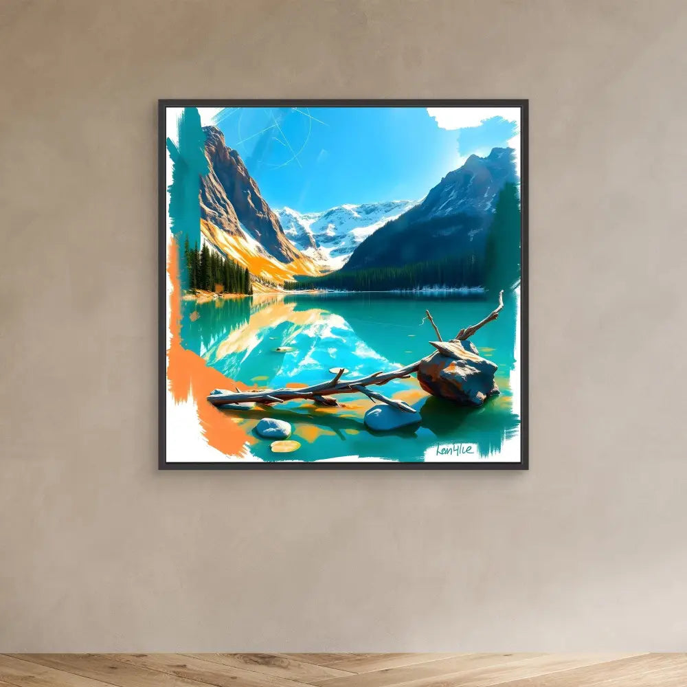 Framed artwork depicting Lake Louise in Banff National Park with its turquoise waters and surrounding mountain peaks.