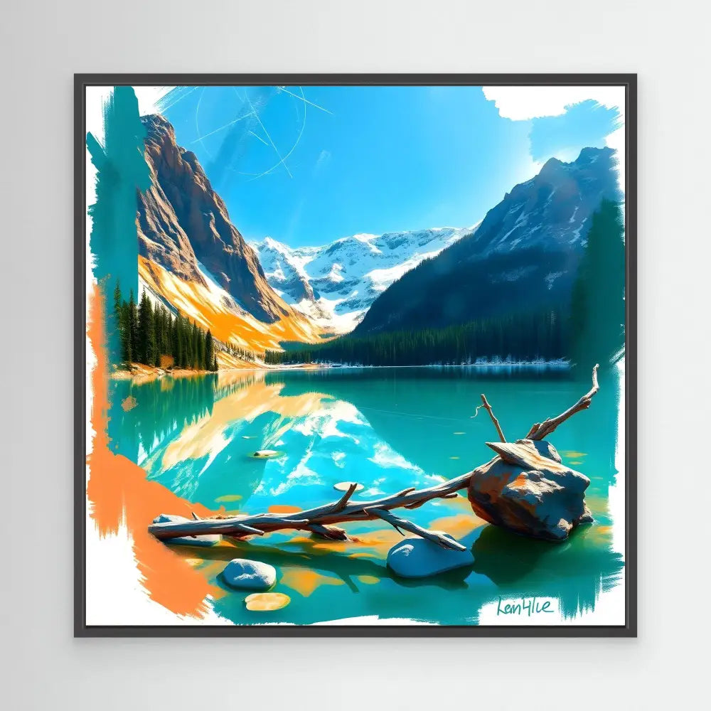 Framed artwork depicting Lake Louise in Banff National Park with its turquoise waters and mountain reflections.