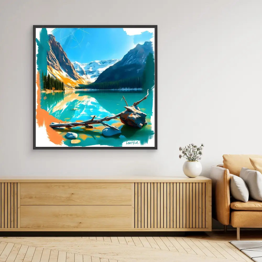 Framed artwork depicting Lake Louise in Banff National Park with turquoise waters and mountain reflections.