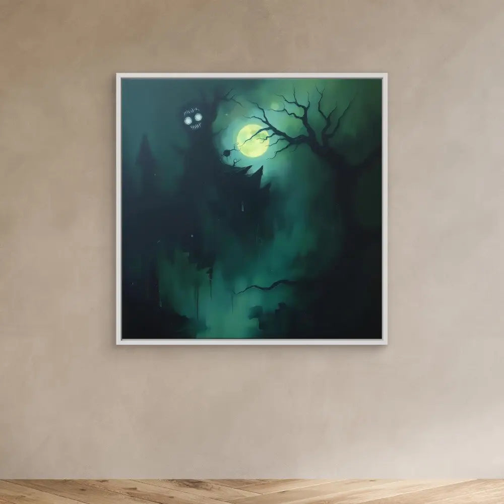 A framed artwork depicting a misty forest scene with a full moon behind bare tree branches.