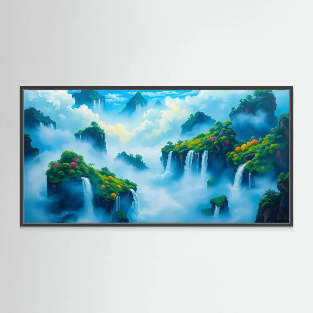 Framed artwork depicting misty waterfalls cascading through mountainous terrain with lush greenery.