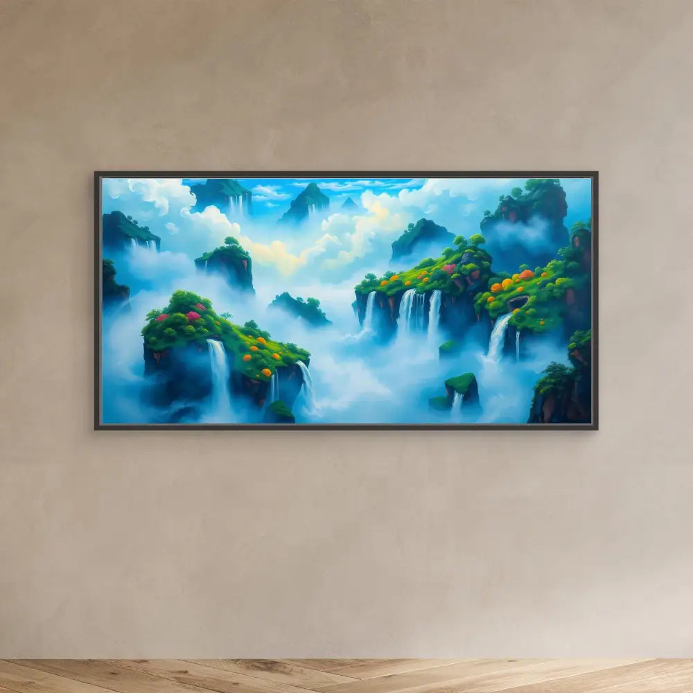 Framed artwork depicting misty waterfalls and mountains in vibrant blue and green tones.