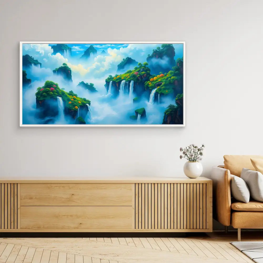 Framed artwork depicting misty waterfalls and mountains in vibrant blue tones.