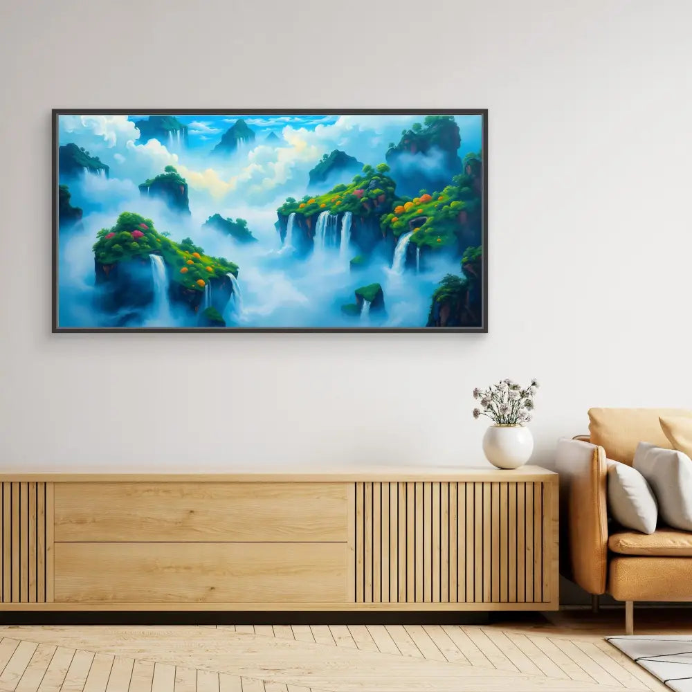 Framed artwork depicting misty waterfalls and mountains in vibrant blues and greens.