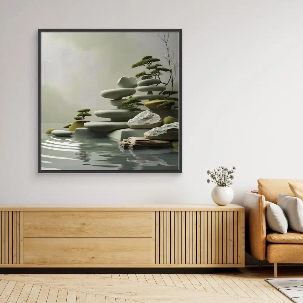 Framed artwork depicting a misty zen garden with rocks and bonsai trees reflected in water.