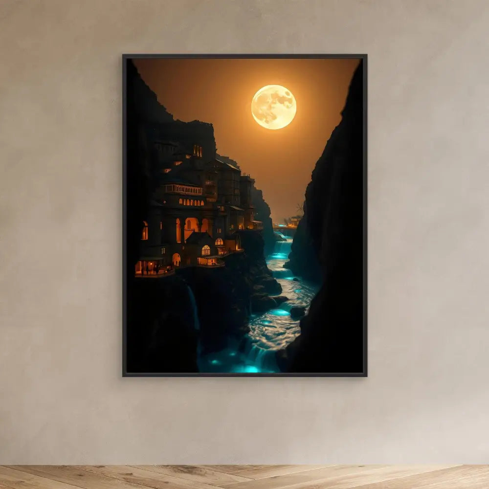 Framed artwork depicting a moonlit Asian temple perched above glowing turquoise waters.