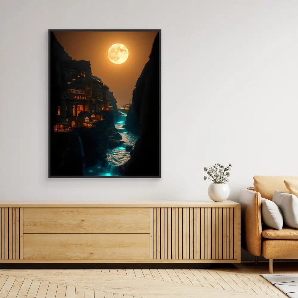 Framed artwork depicting a moonlit canal between buildings with glowing turquoise water reflections.