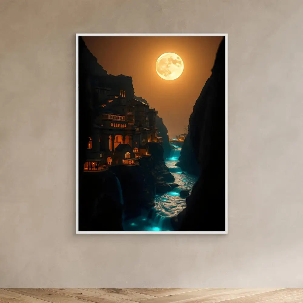 A framed artwork depicting a moonlit coastal village with glowing turquoise waters below.