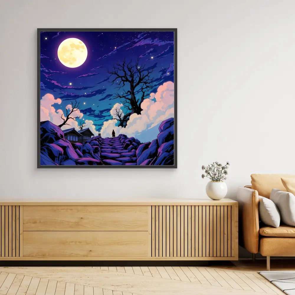 A framed artwork depicting a moonlit night scene with bare trees and purple-tinted clouds.