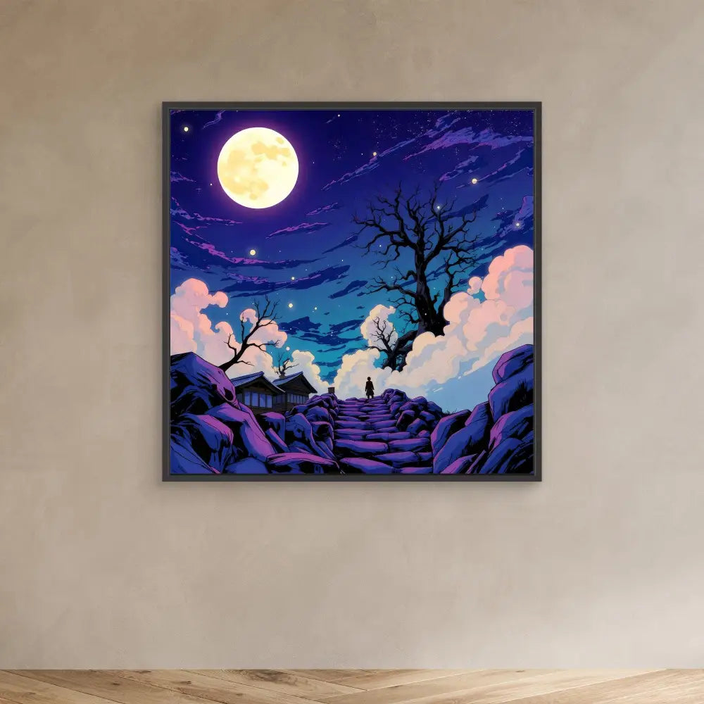 A framed artwork depicting a moonlit night scene with silhouetted trees and clouds in purple and blue tones.