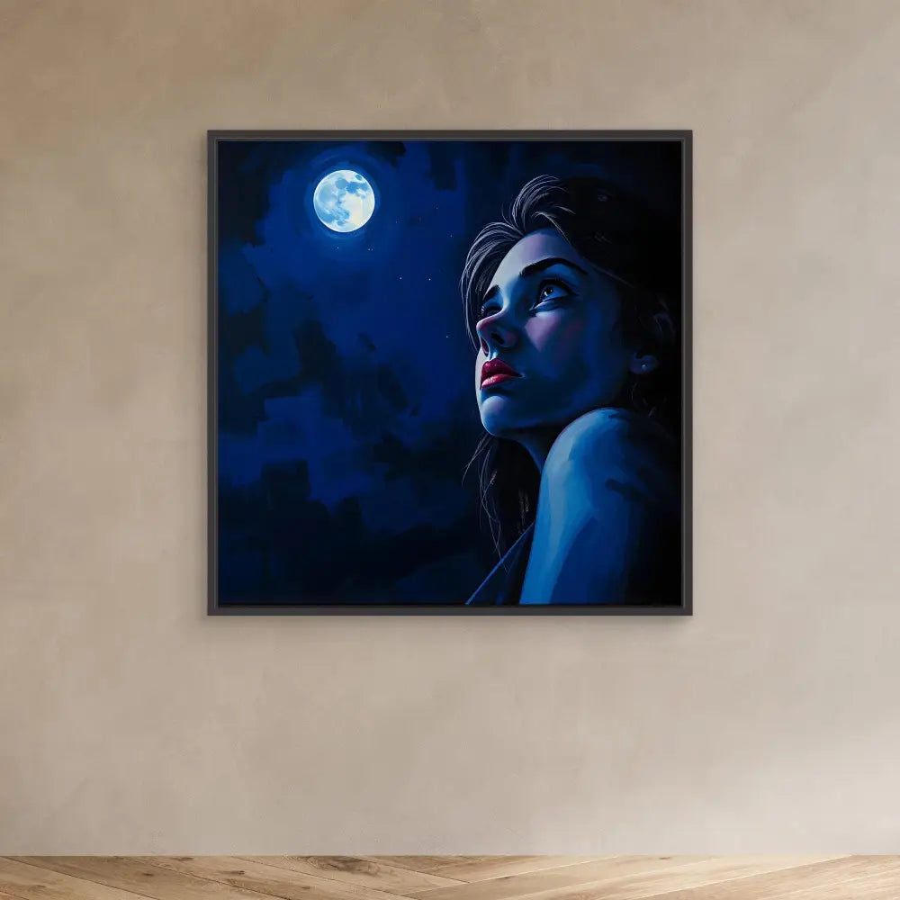 A framed artwork depicting a moonlit night scene with a figure gazing upward.