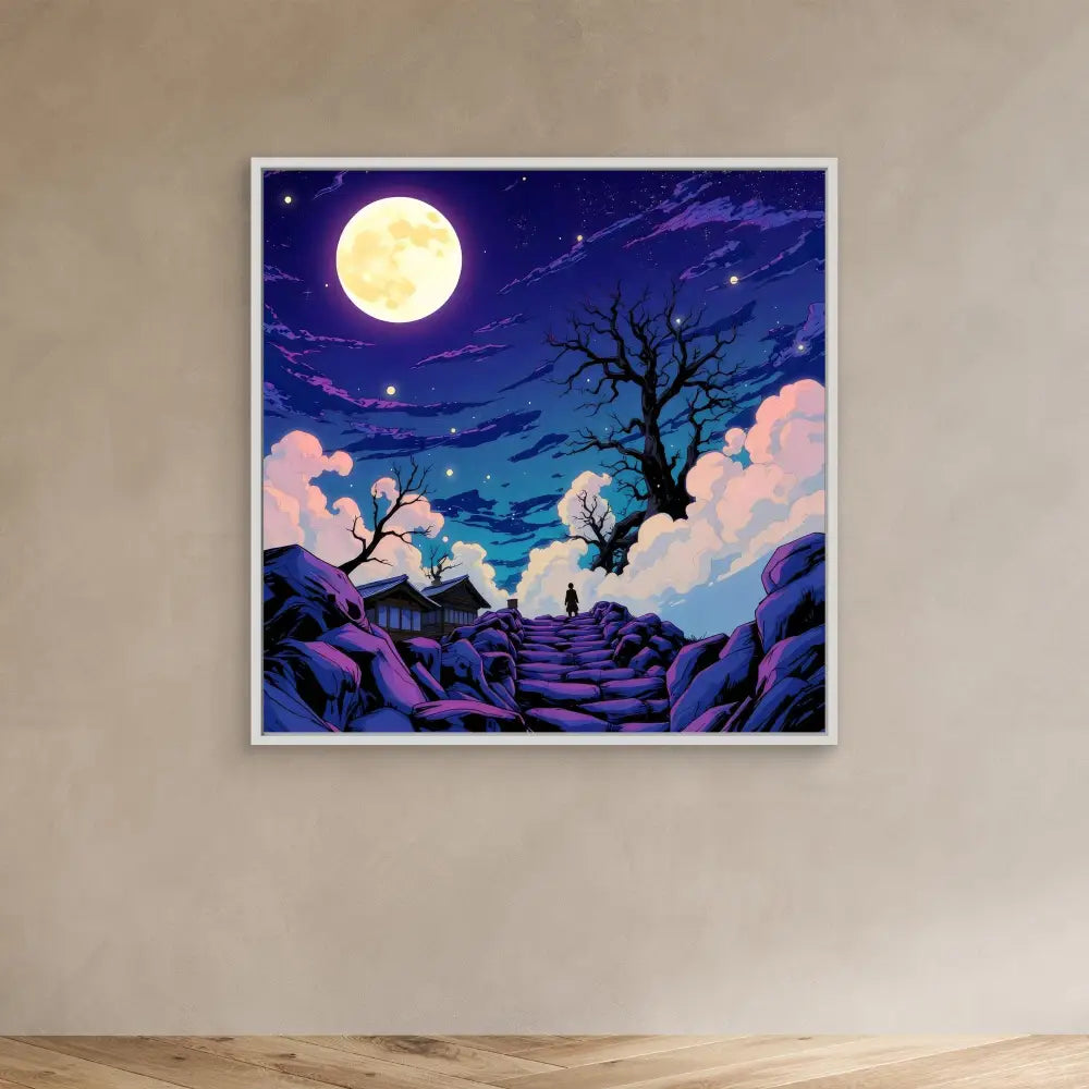 A framed artwork depicting a moonlit night scene with silhouetted trees and clouds.