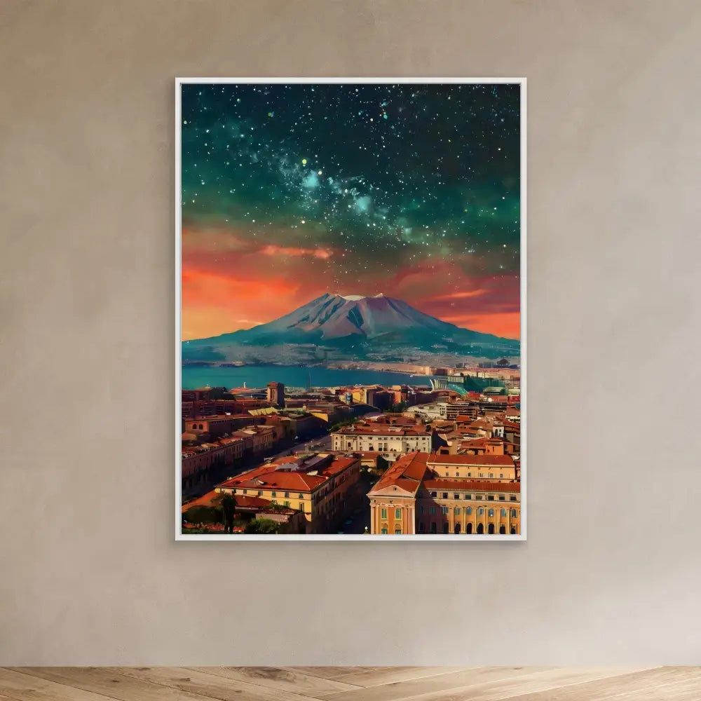 A framed artwork showing Mount Etna towering over the city of Catania beneath a starry twilight sky.