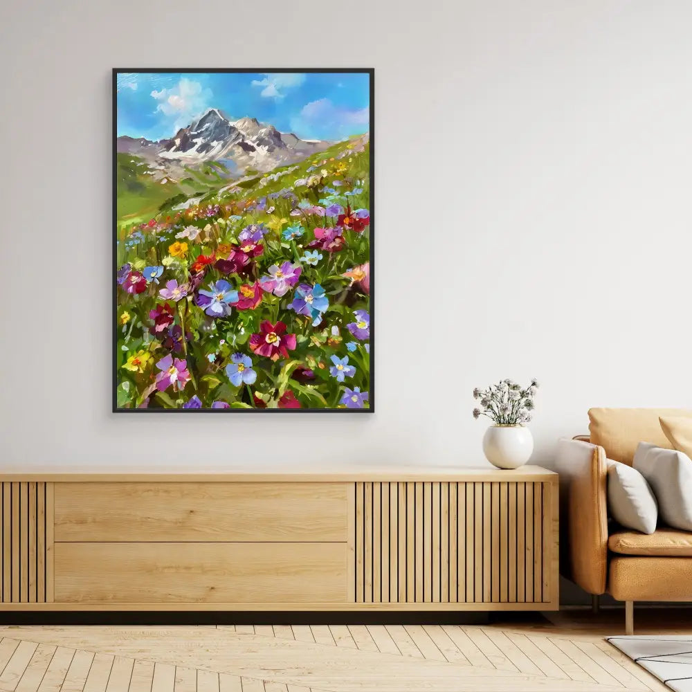 Framed artwork depicting a mountain landscape with colorful wildflowers in the foreground.