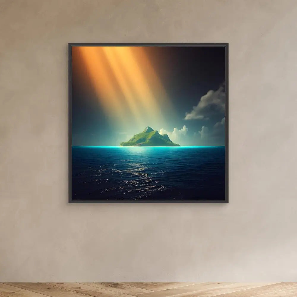 Framed artwork depicting a mountainous island illuminated by dramatic rays of sunlight over a dark ocean.