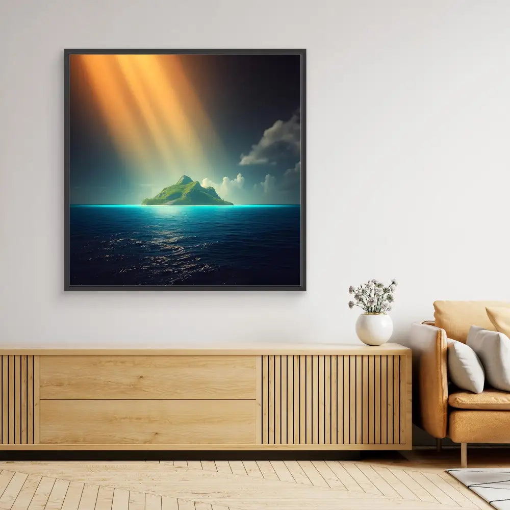 Framed artwork of a mountainous island illuminated by dramatic sunbeams over a dark ocean.