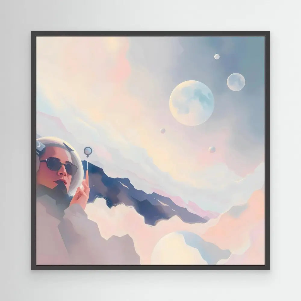 Framed artwork depicting multiple moons in a dreamy pastel sky.