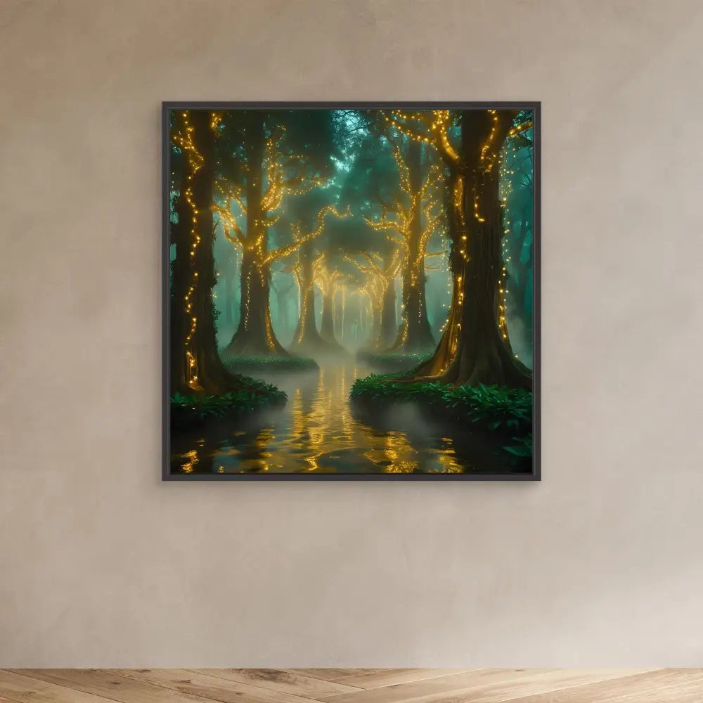 Framed artwork depicting a mystical forest path with glowing trees reflected in still water.