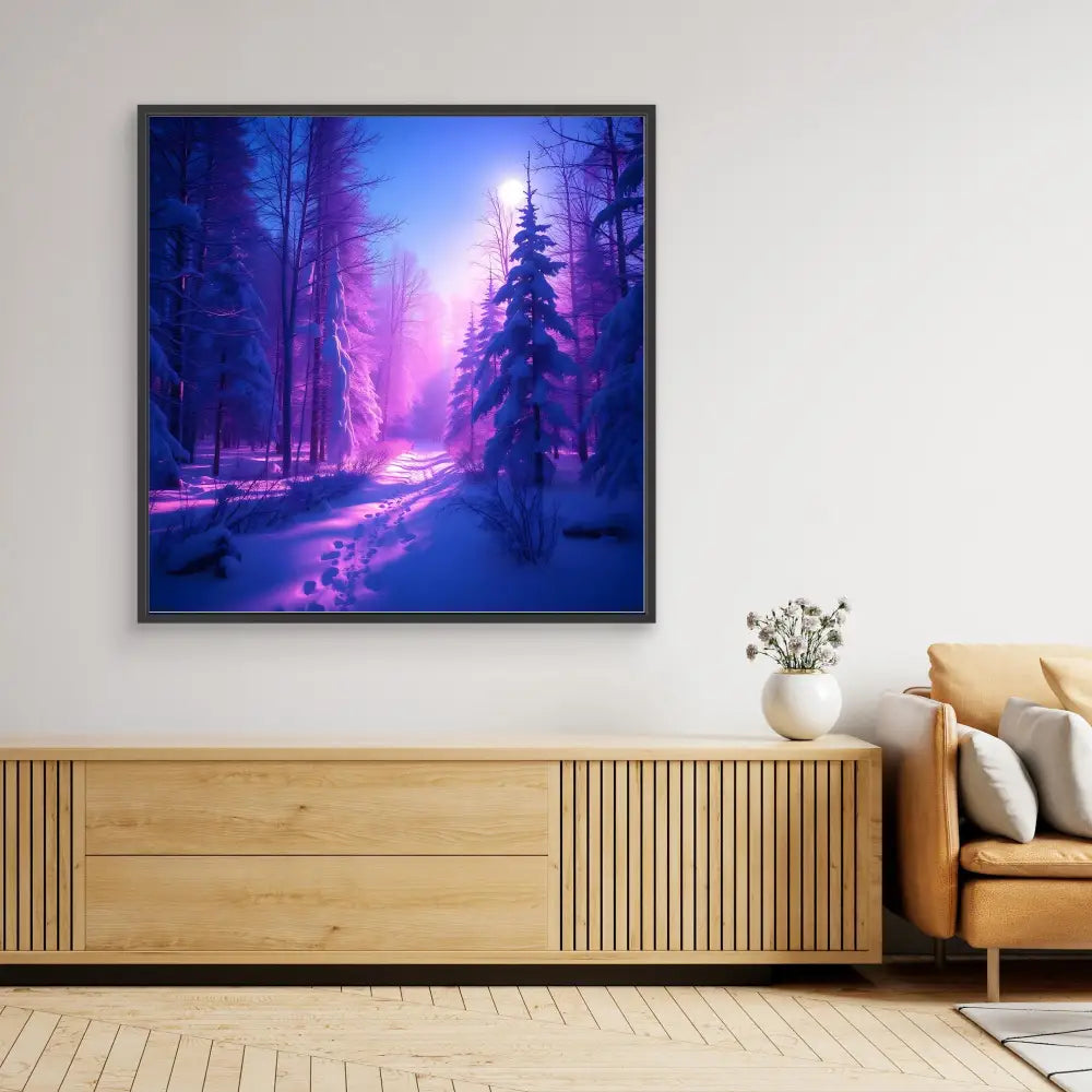 Framed artwork depicting a mystical winter forest path illuminated in purple and pink hues.