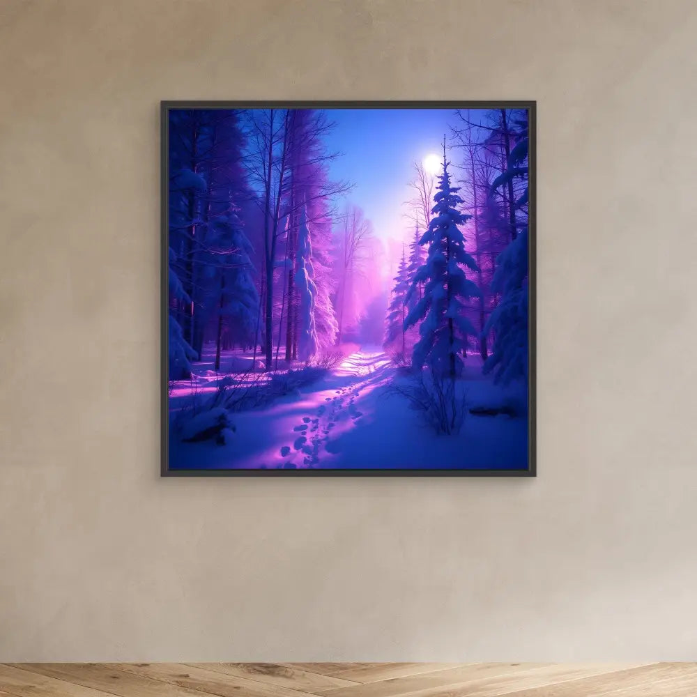 A framed artwork depicting a mystical winter forest path illuminated by purple and pink light.