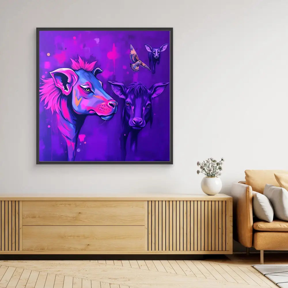 Framed artwork featuring neon pink and purple bull heads with butterflies.