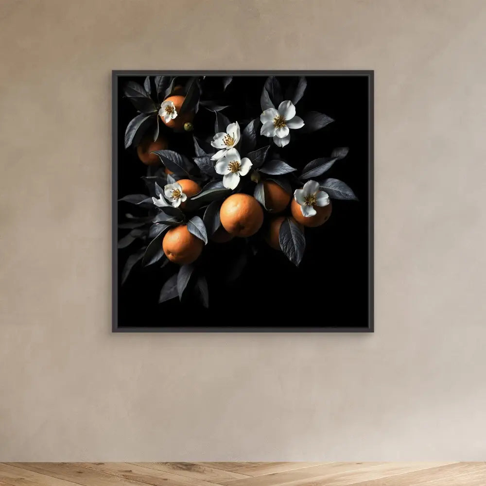 Framed artwork featuring oranges and white blossoms on dark branches.