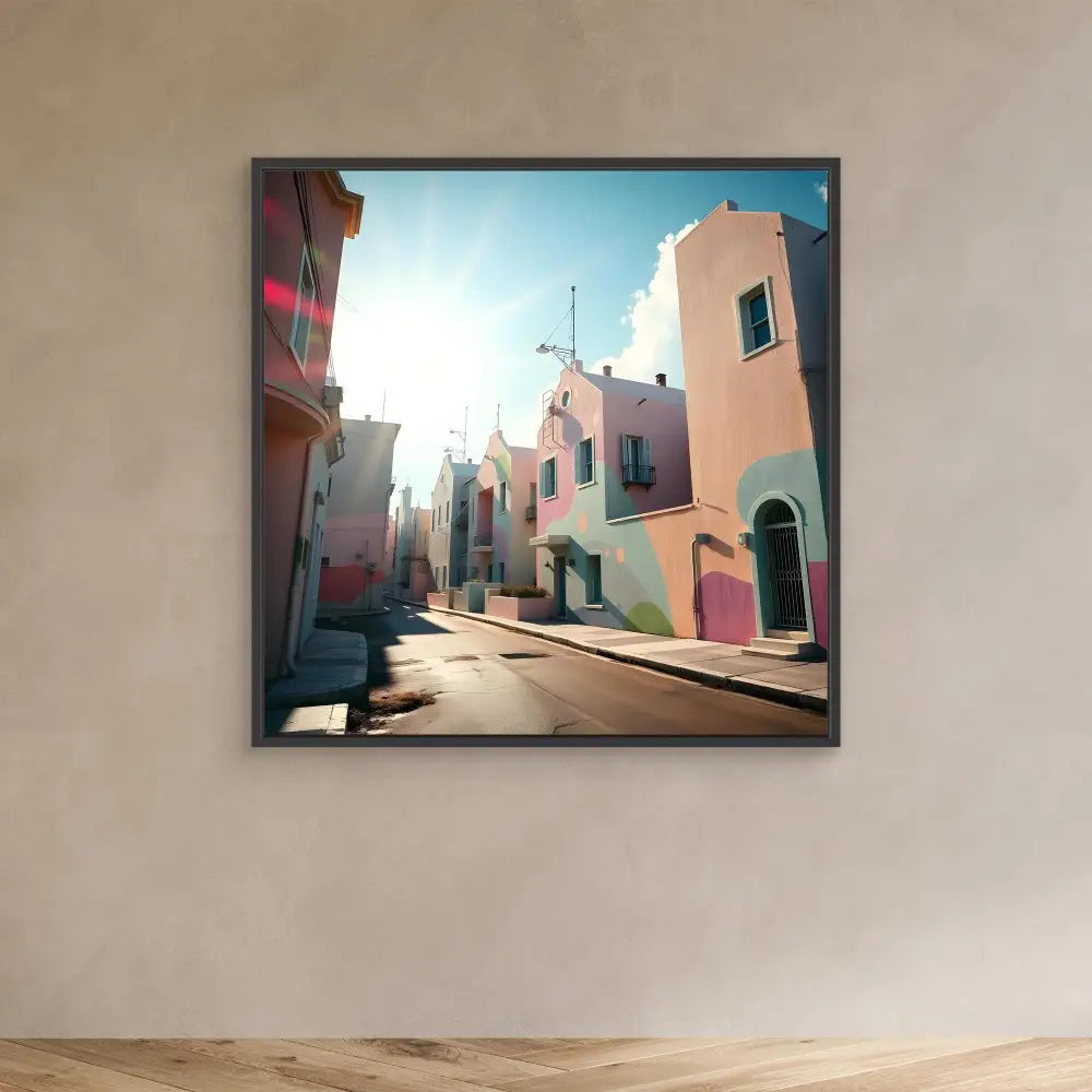 Framed artwork depicting a pastel-colored Mediterranean street with pink and peach buildings.