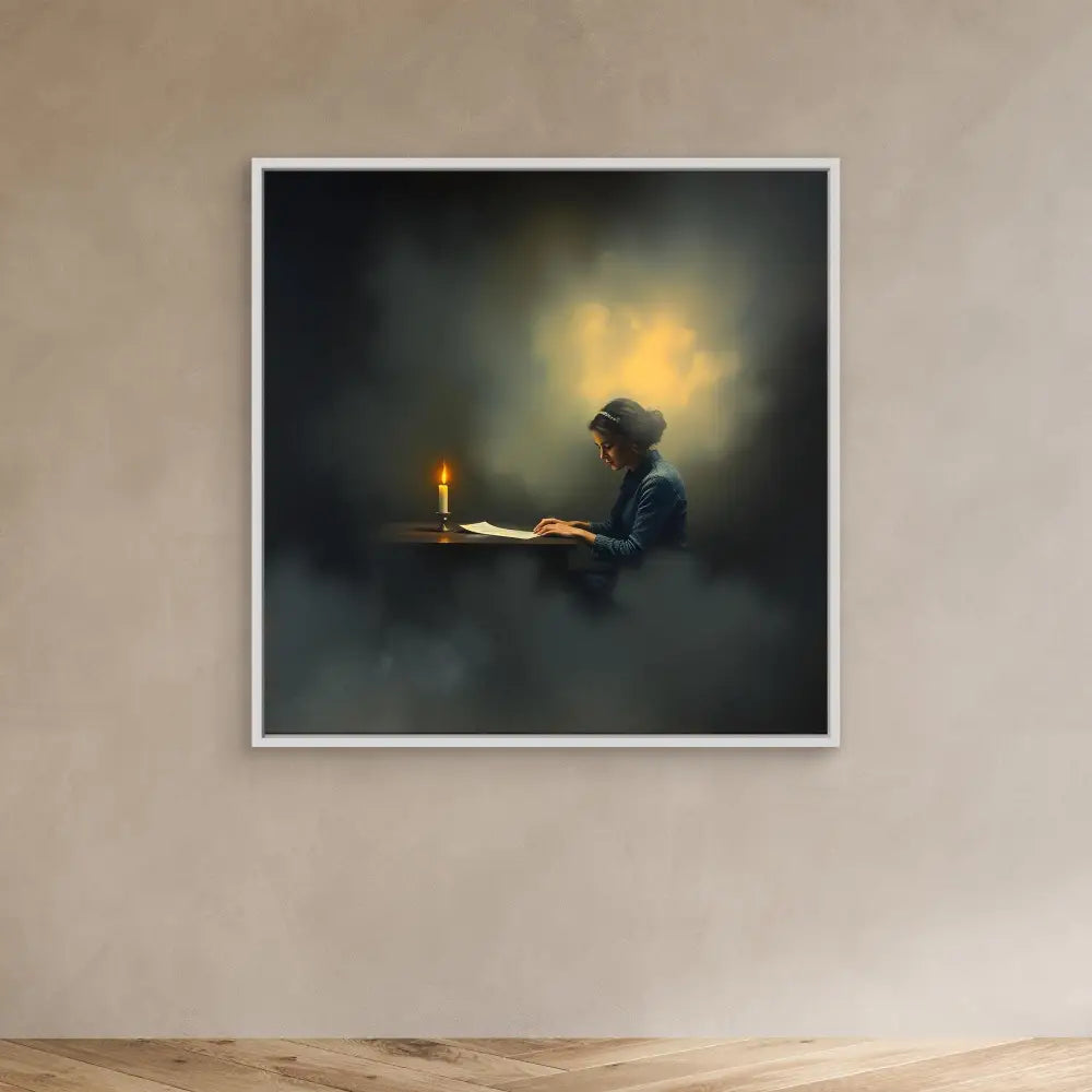 A framed artwork depicting a person reading by candlelight in a moody, atmospheric style.