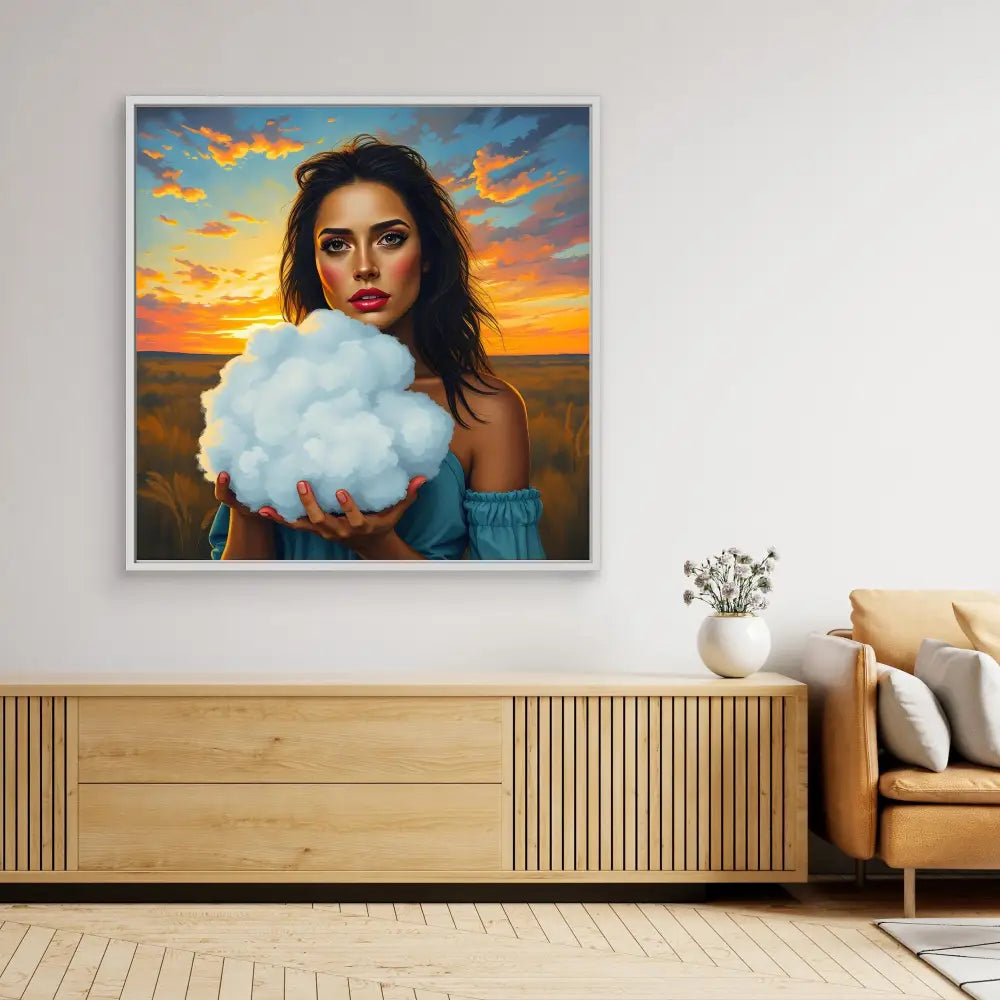 A framed artwork featuring a person holding a fluffy white cloud against a sunset sky.