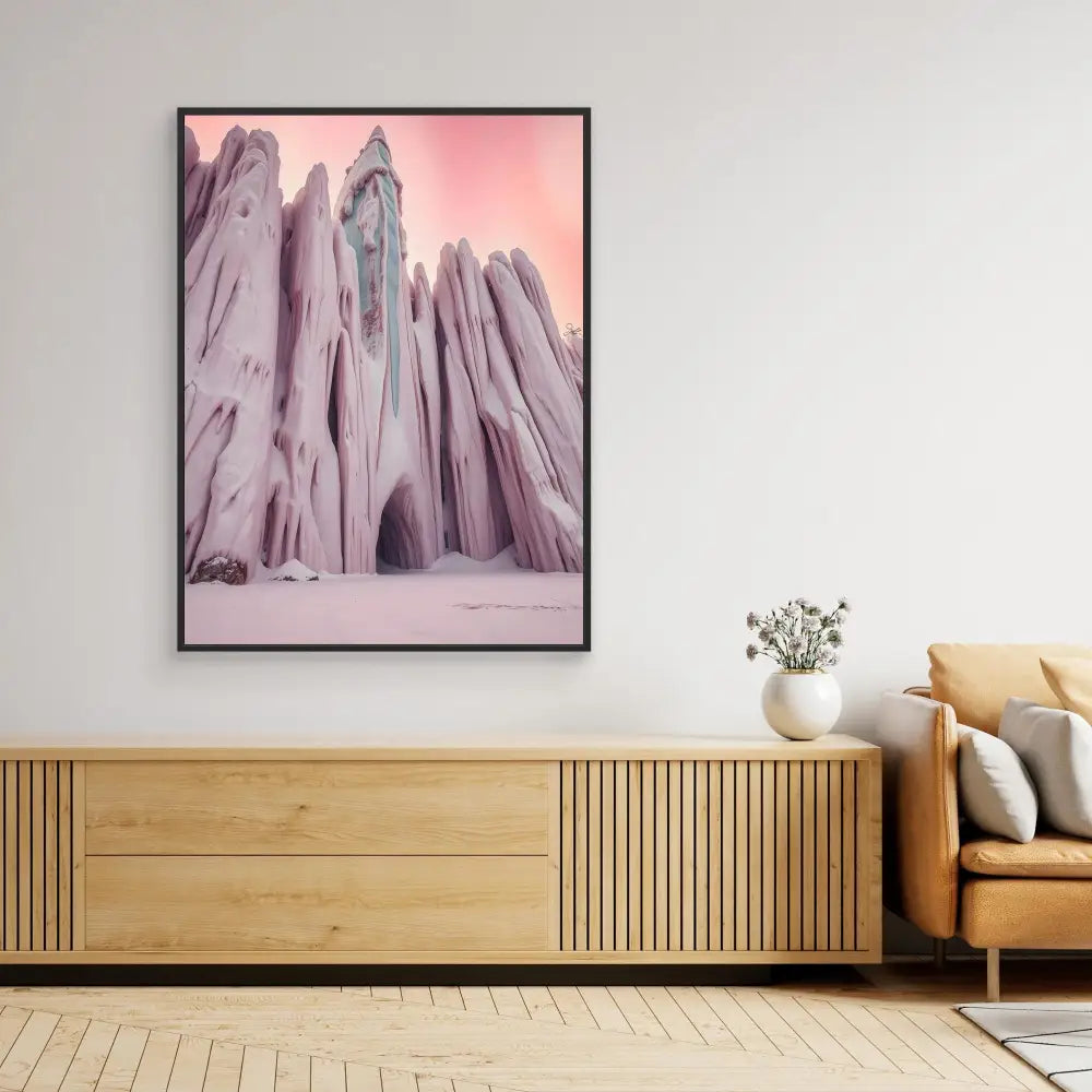 Framed artwork of pink-tinted rocky mountain peaks against a rosy sky.