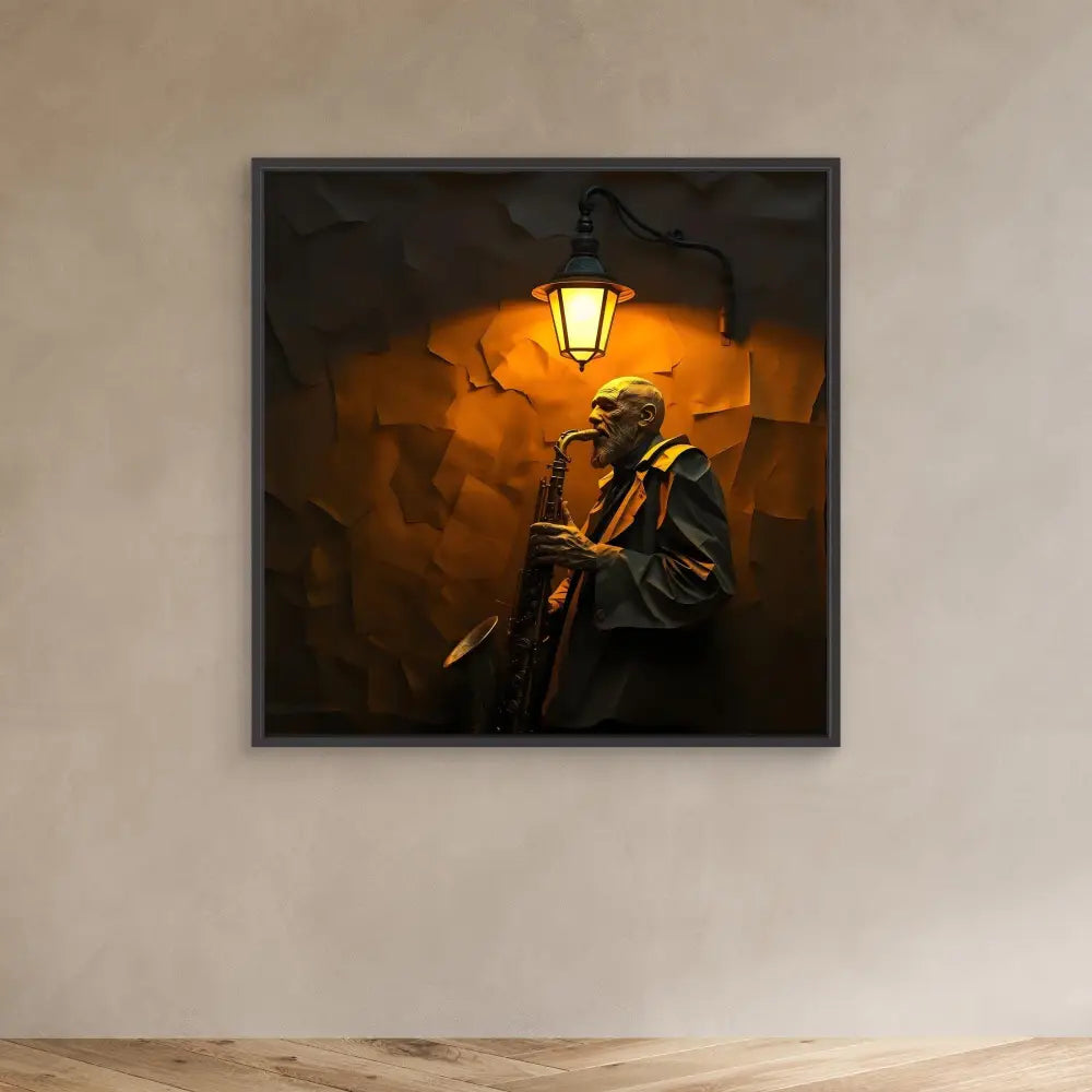 A framed artwork depicting a plague doctor standing beneath a glowing lantern.