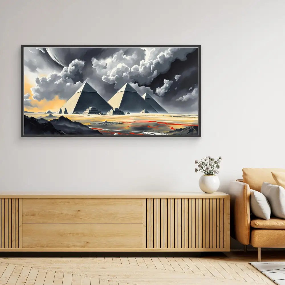 A framed artwork depicting pyramids under dramatic stormy skies with golden sunlight.