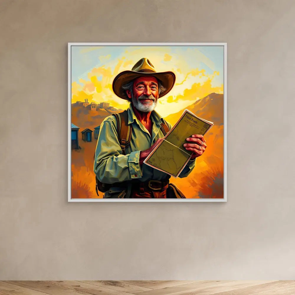 Framed artwork depicting a rancher or cowboy holding a tablet device against a sunset sky.