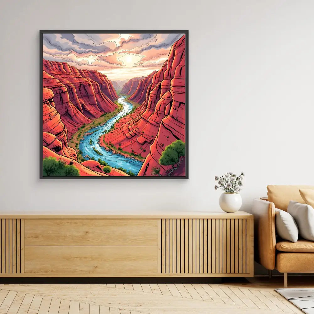 Framed artwork depicting a winding river through red canyon walls under a dramatic sunset sky.