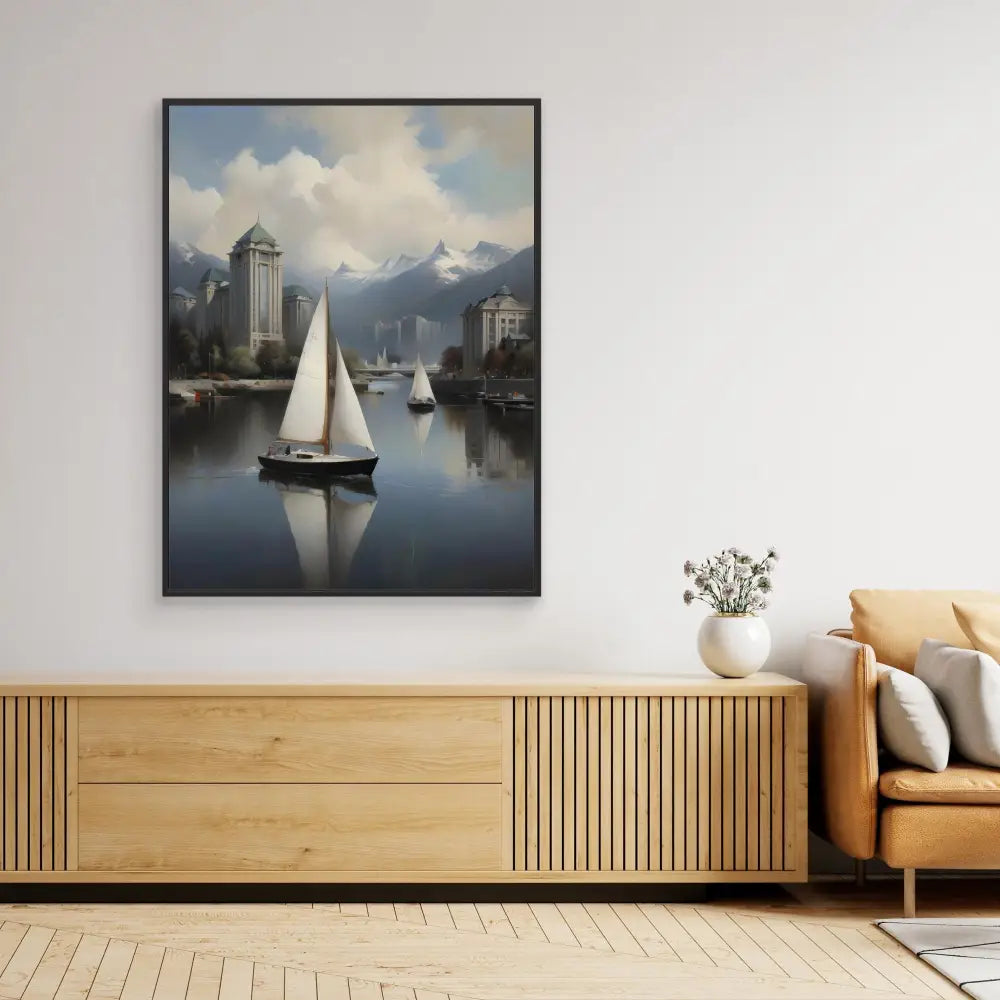 Framed artwork depicting sailboats on calm waters near city buildings.