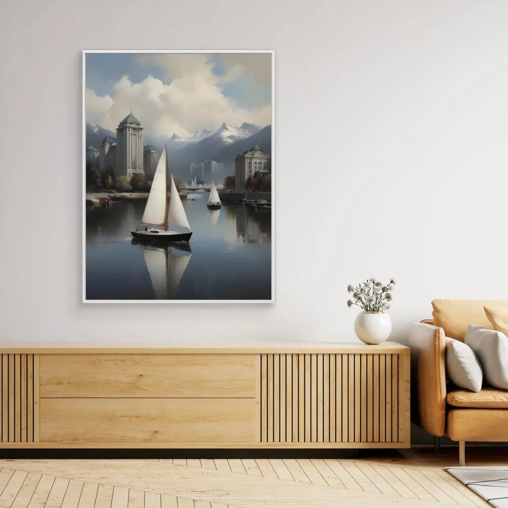 Framed artwork depicting sailboats on calm waters near city buildings.