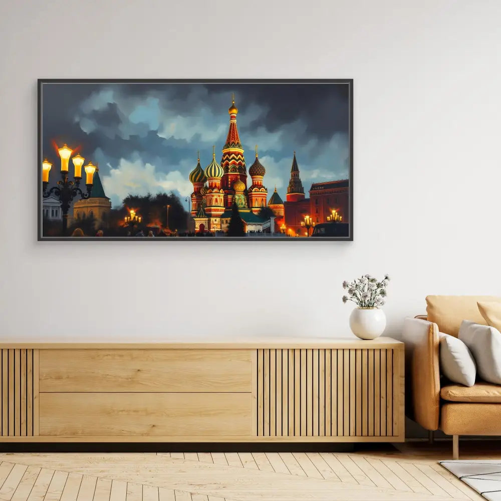 A framed artwork of Saint Basil’s Cathedral in Moscow at night with illuminated domes against a moody sky.