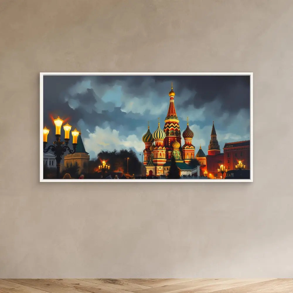 Framed artwork of Saint Basil’s Cathedral in Moscow illuminated at night against stormy skies.