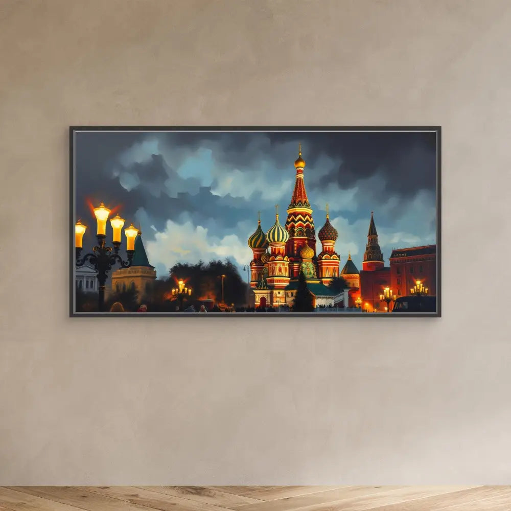 Framed artwork depicting Saint Basil’s Cathedral in Moscow illuminated at night.