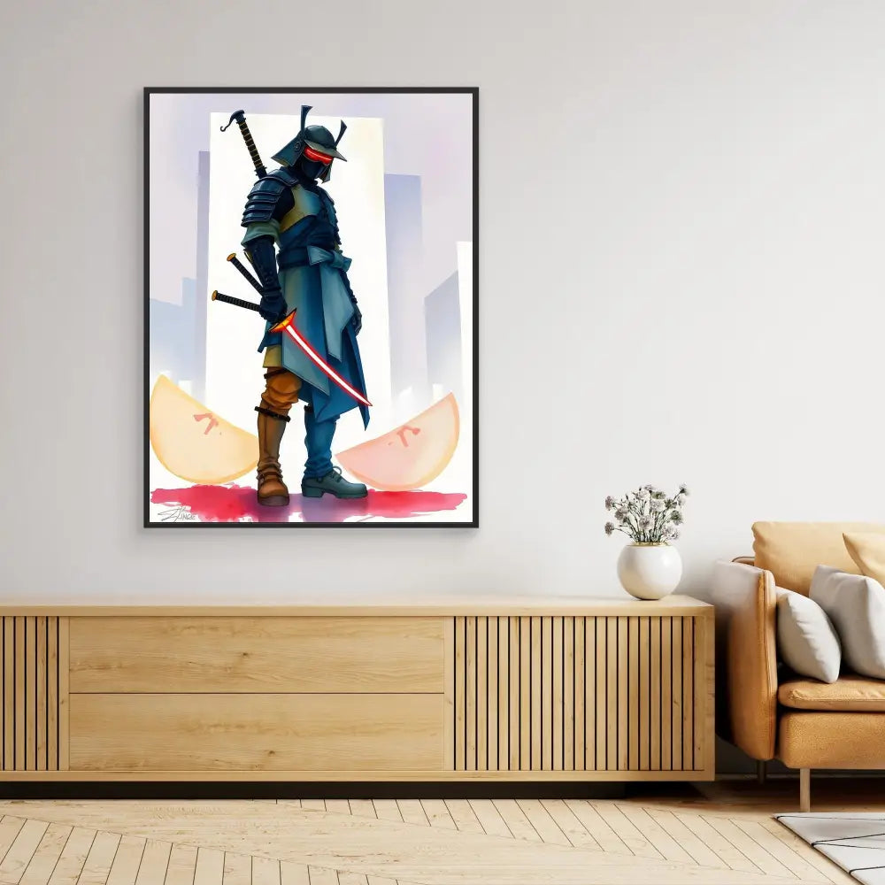 Framed artwork depicting a samurai warrior in a minimalist watercolor style.