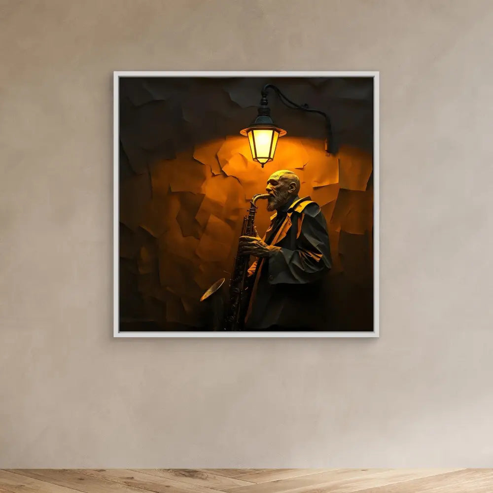 A framed artwork depicting a saxophone player illuminated by a warm street lamp.