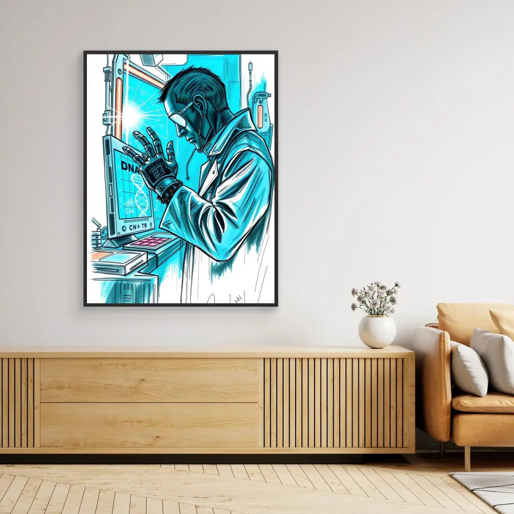 Framed artwork depicting a scientist or researcher working with laboratory equipment in blue tones.