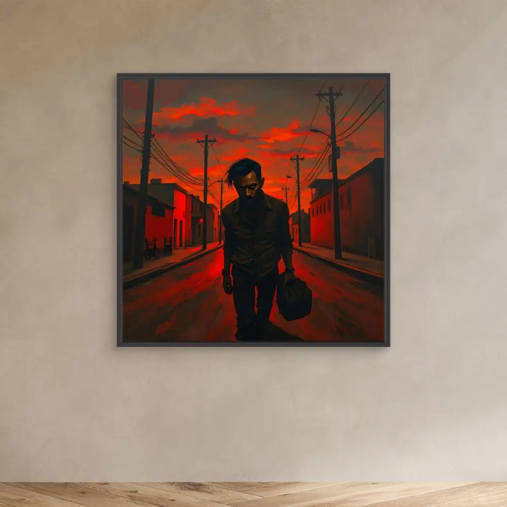 A framed artwork depicting a silhouetted figure carrying a bag against a red sky.