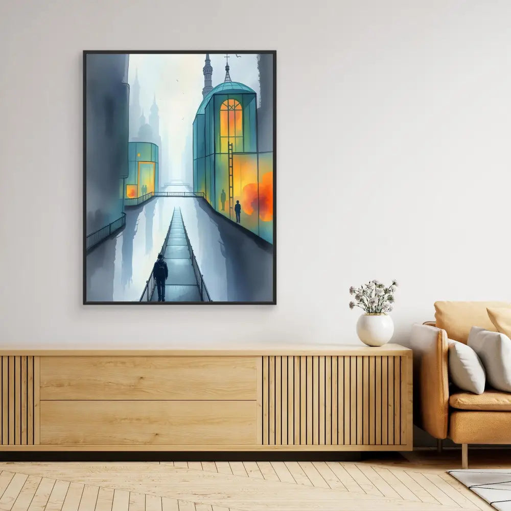 A framed artwork depicting a silhouetted figure on a bridge amid illuminated city buildings.