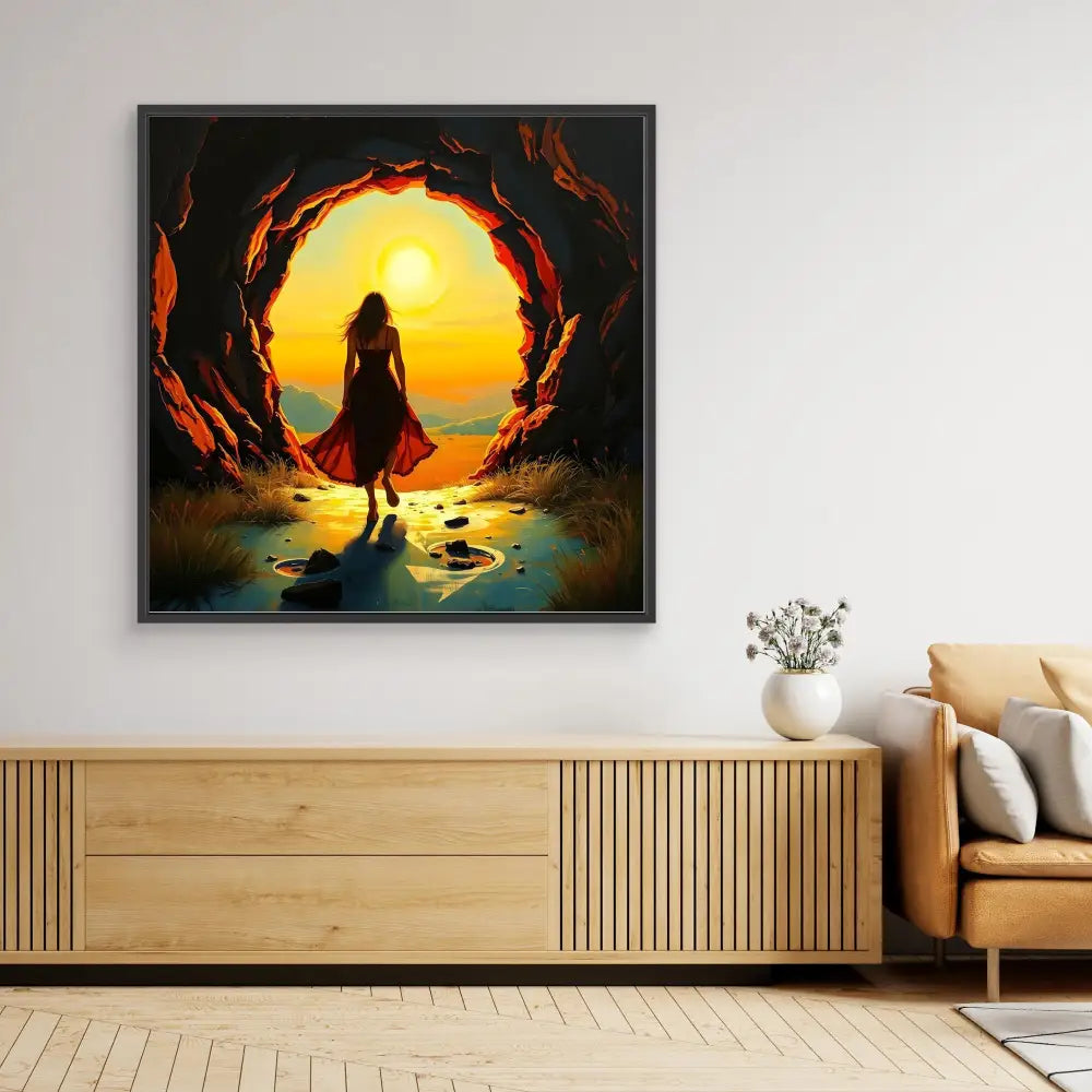 A framed artwork depicting a silhouetted figure standing in a cave entrance at sunset.