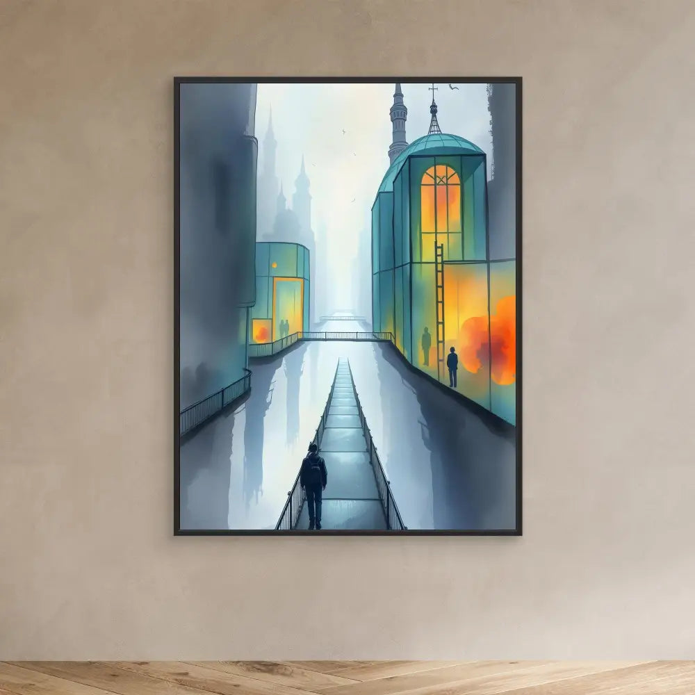 Framed artwork depicting a silhouetted figure walking along a city street at dusk.